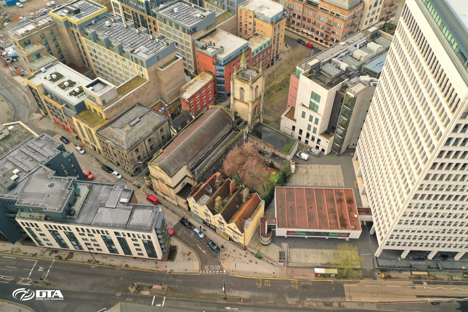 Aerial photograph looking at the front facade and roofline of a commercial building in Bristol.