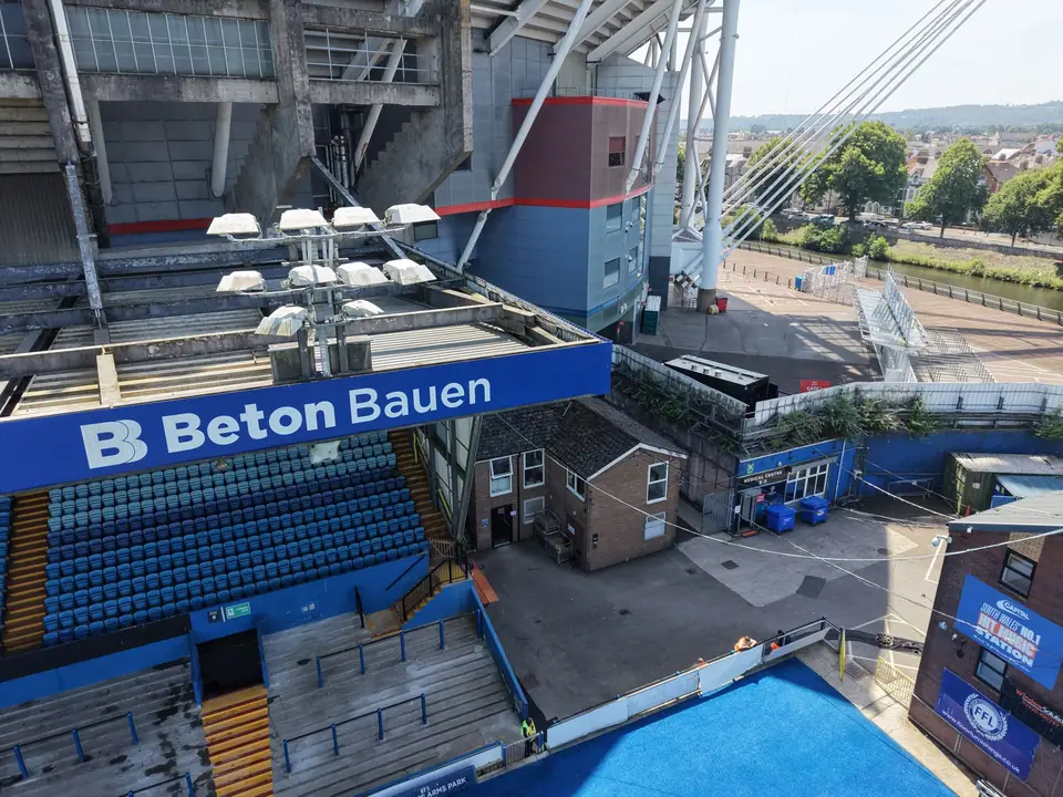 Cardiff Arms Park stand structure and floodlights captured during the drone inspection
