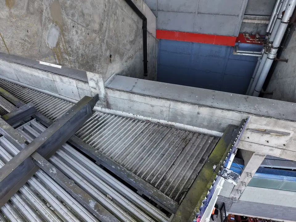 Close-up of stand roof steelwork and gutter detail from the Cardiff Arms Park inspection