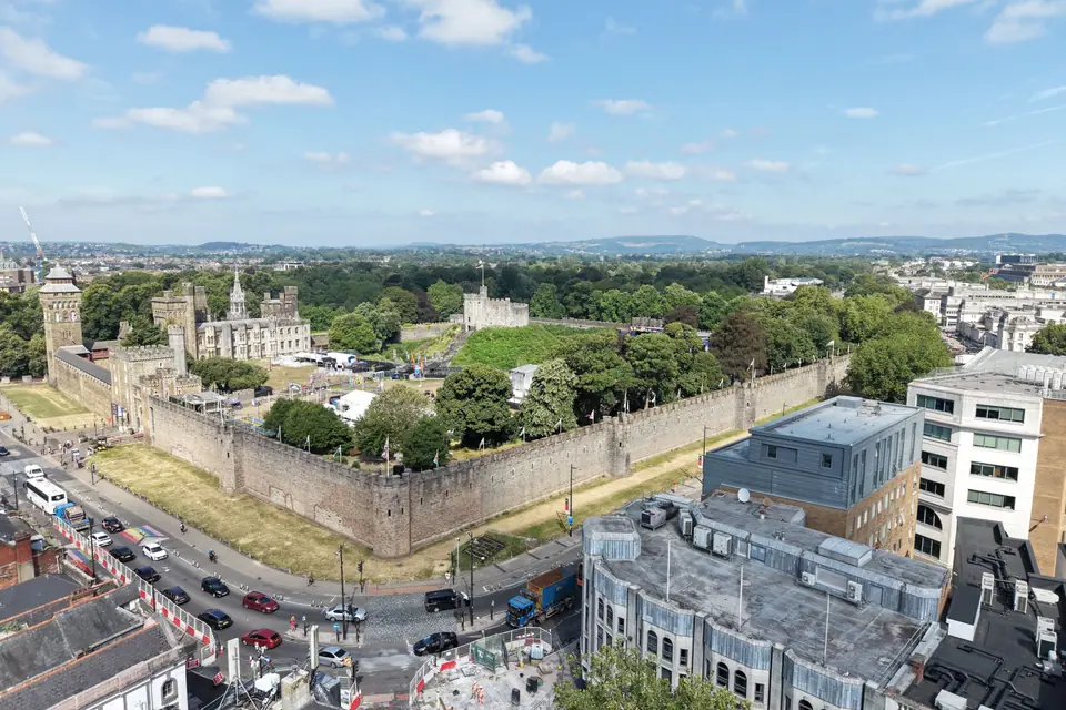 Cardiff Castle keep and grounds from directly overhead