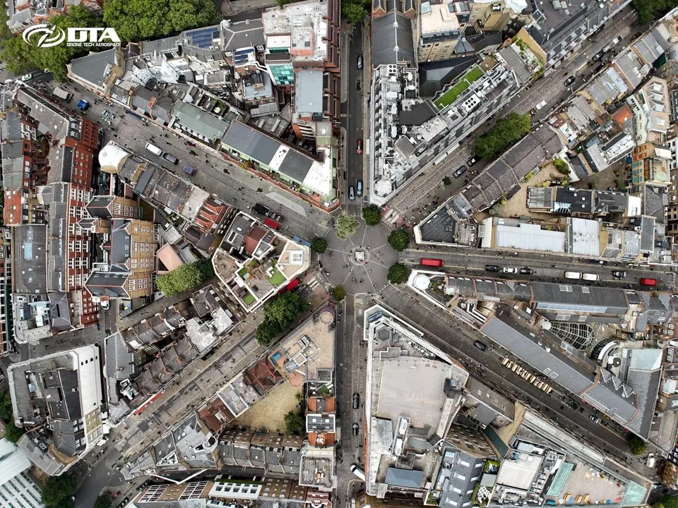 Aerial nadir drone photo looking straight down over Covent Garden rooftops in Central London