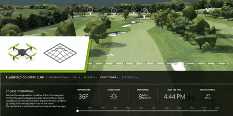 3D drone-mapped model of a golf course fairway and green with course-management overlay data