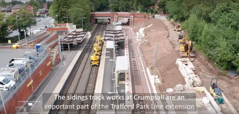 Aerial drone photograph of the Metrolink Trafford Park Line construction project in Manchester