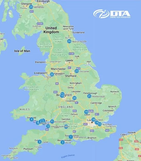 Map of the United Kingdom marking 25 project locations completed by Drone Tech Aerospace in a single week