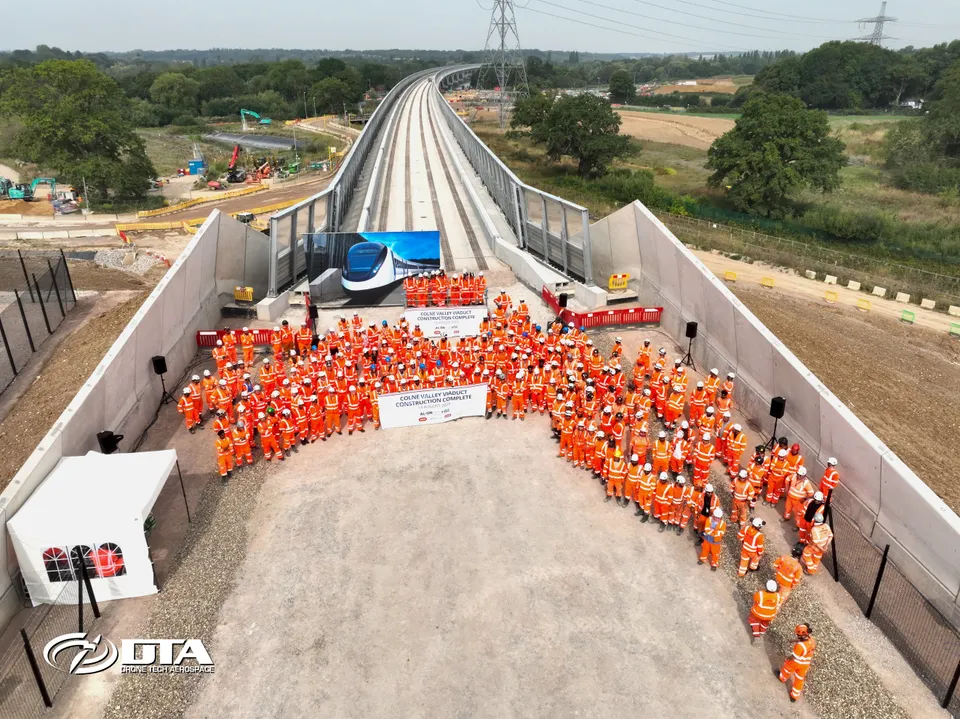 Drone photograph marking completion of the HS2 Colne Valley Viaduct, taken for construction PR coverage