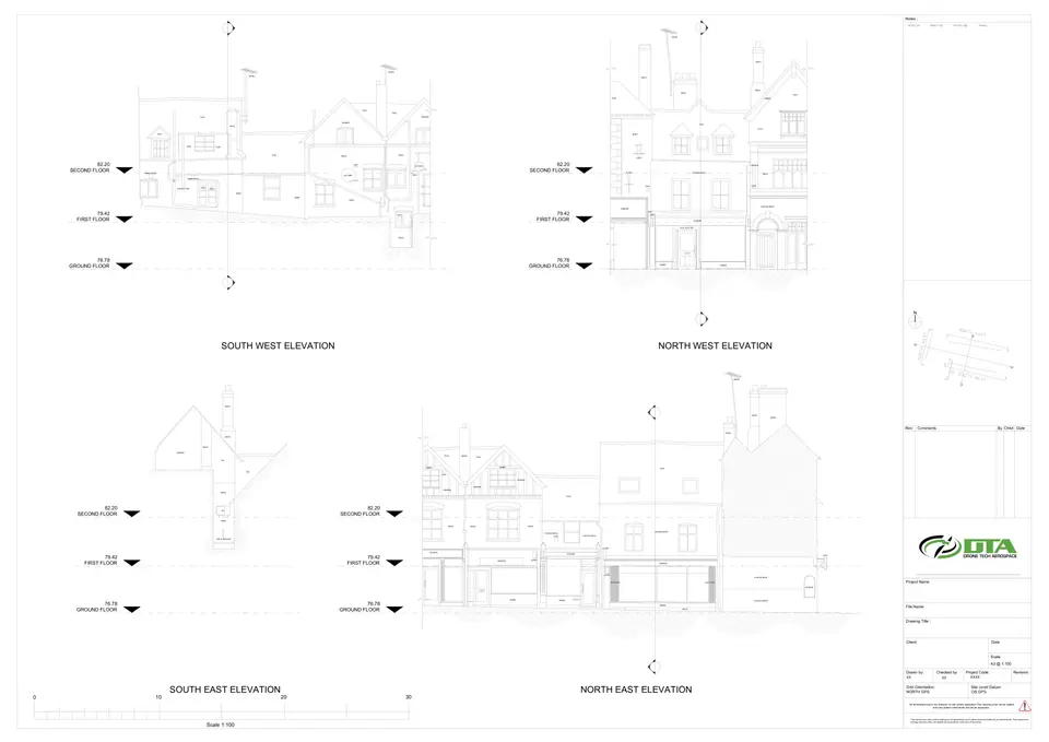 Four-elevation 2D CAD drawing produced from a drone and laser-scan measured building survey
